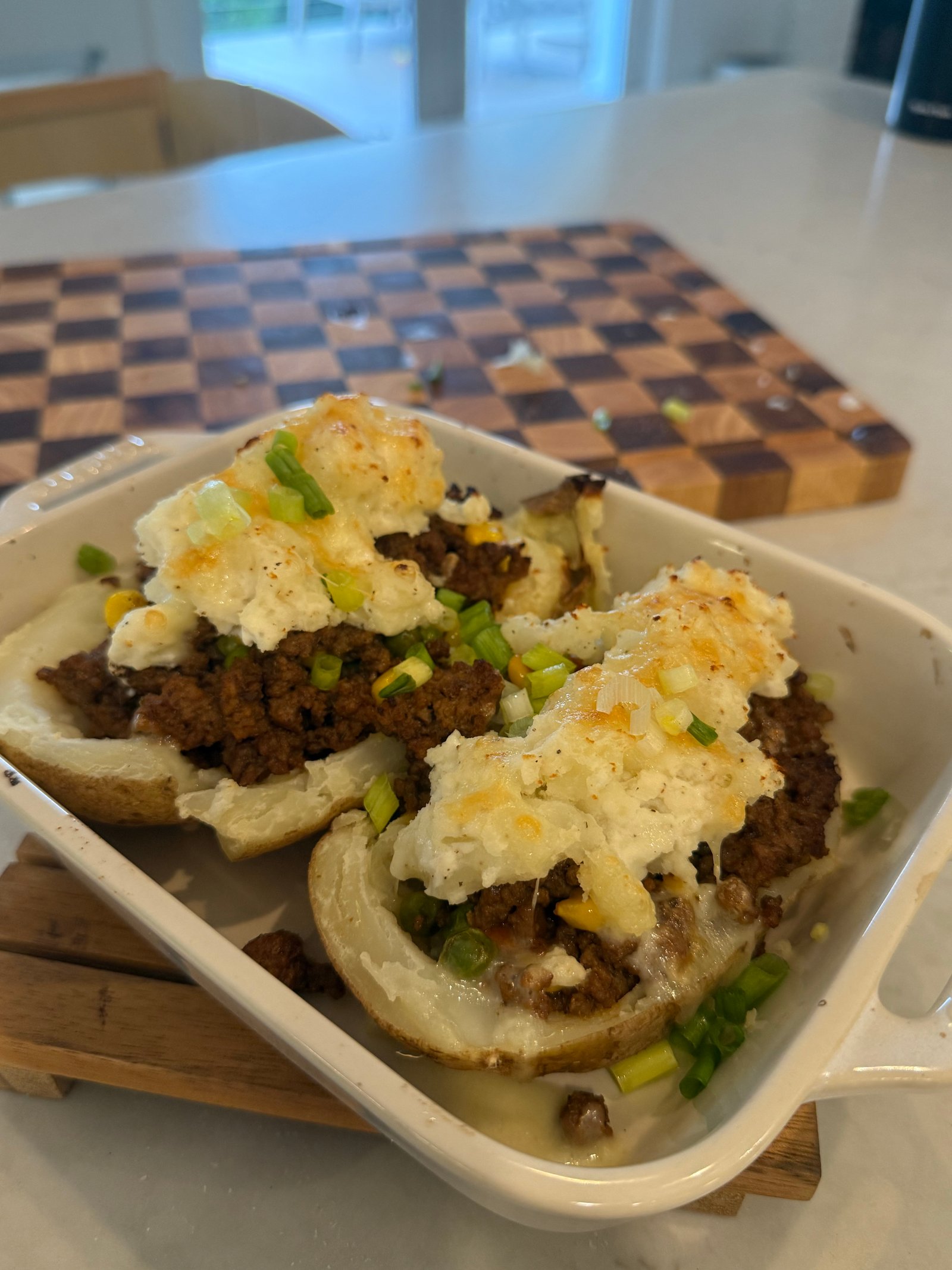 Mini shepherds pie potato boats on a sheet pan