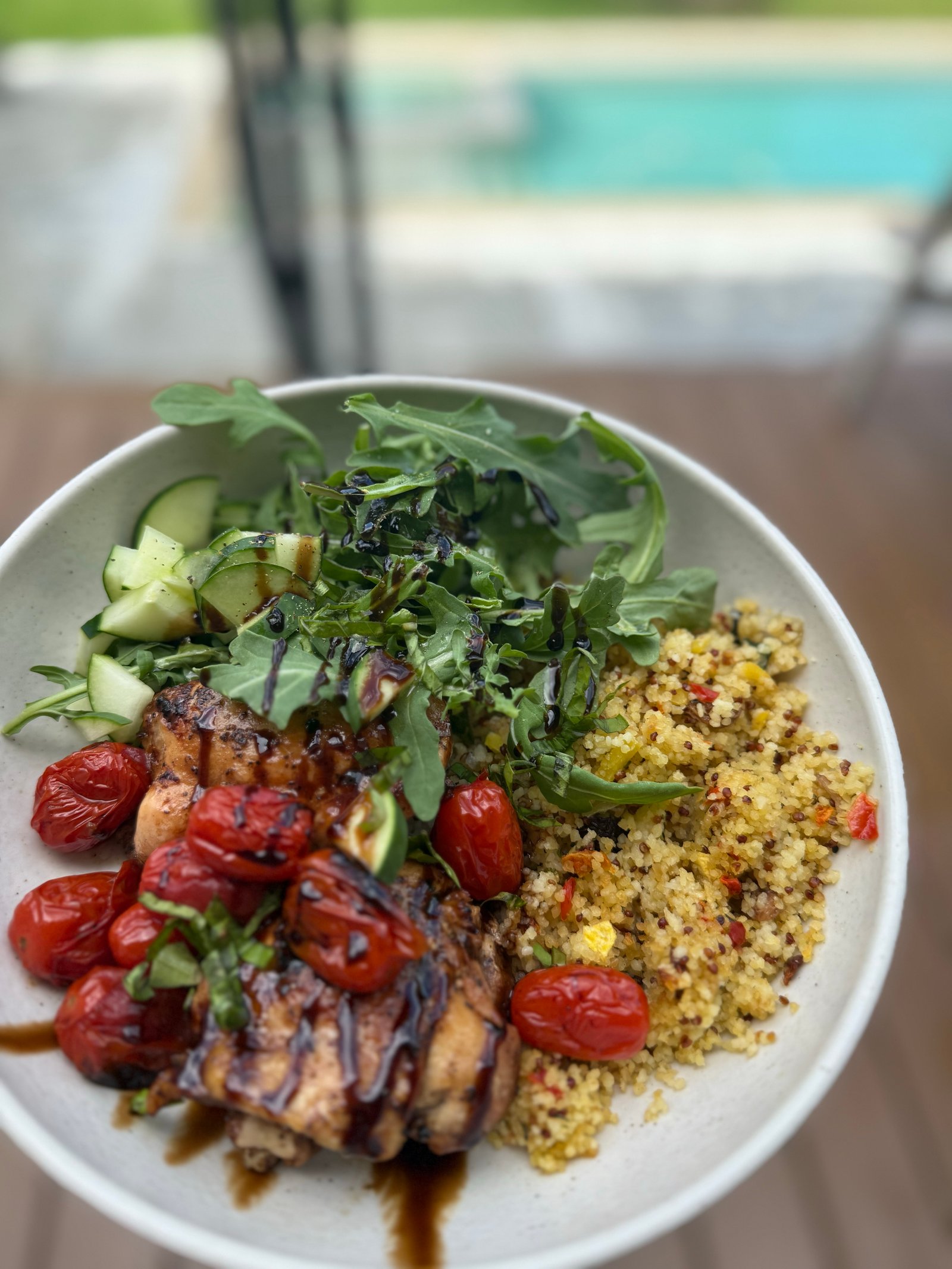One pan balsamic chicken thighs with roasted tomatoes and couscous